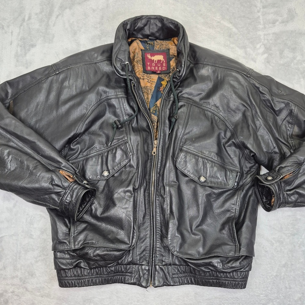 True Breed Mens Black Leather Bomber Jacket Vintage Map Lining Size M - Picture 2 of 13